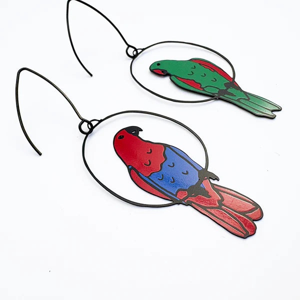 DENZ Eclectus Parrot Mismatched Earrings Red/Blue/Green