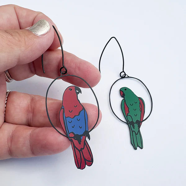 DENZ Eclectus Parrot Mismatched Earrings Red/Blue/Green