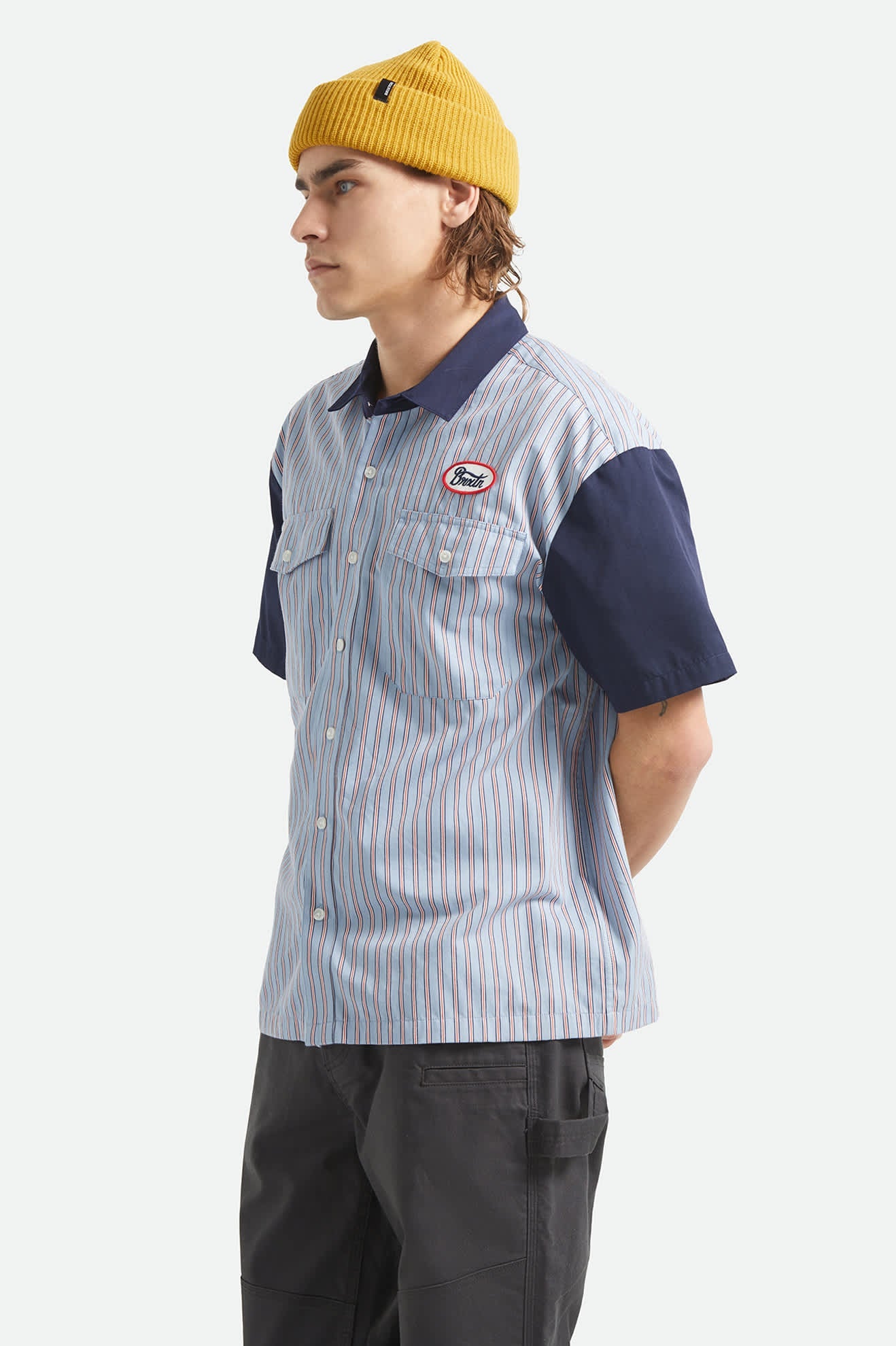 Brixton Builders Olson S/S Woven Shirt Blue Aura Stripe
