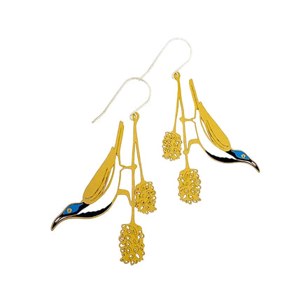 DENZ Blue Faced Honeyeater Earrings Honey/ Blue/ Black