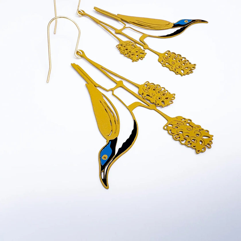 DENZ Blue Faced Honeyeater Earrings Honey/ Blue/ Black