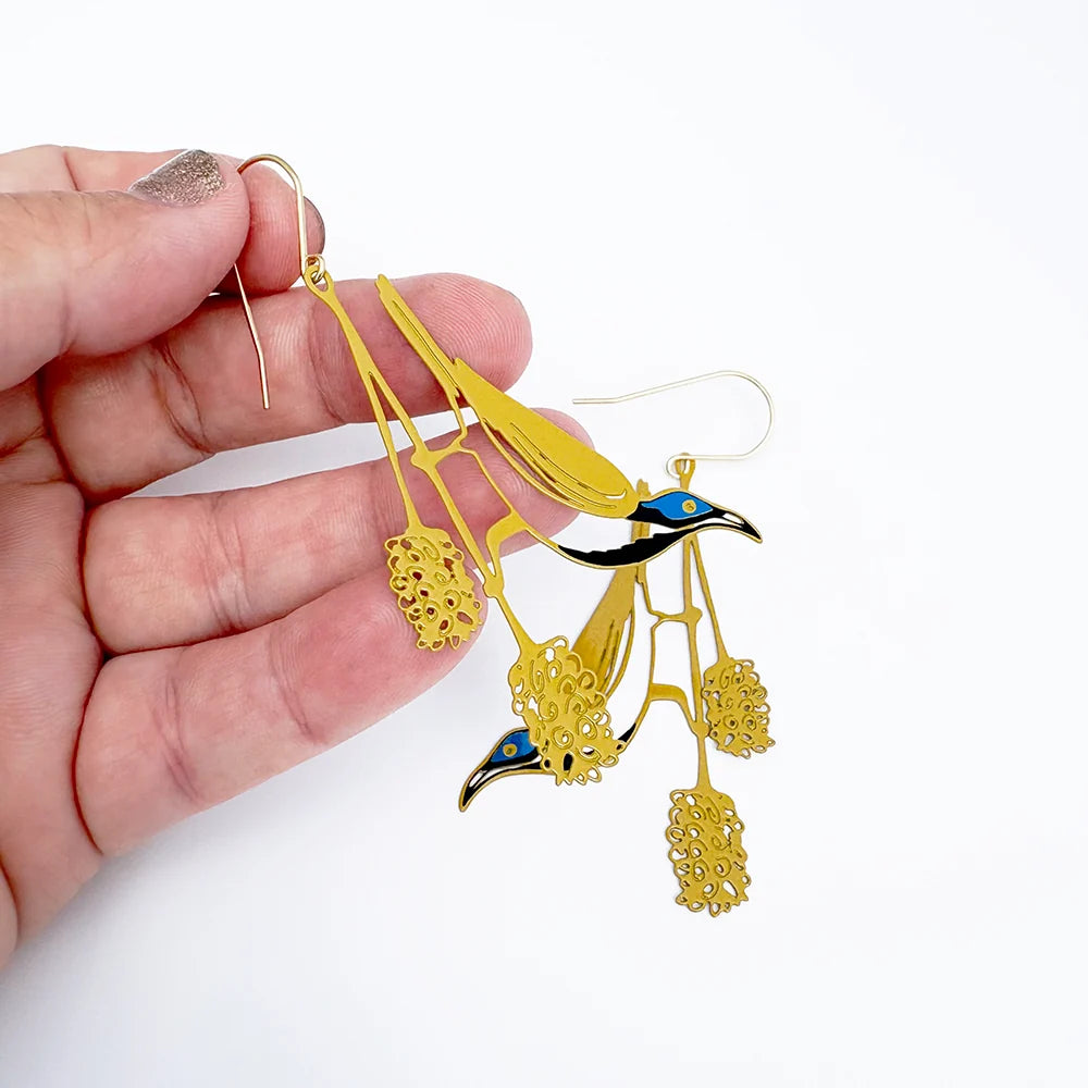 DENZ Blue Faced Honeyeater Earrings Honey/ Blue/ Black