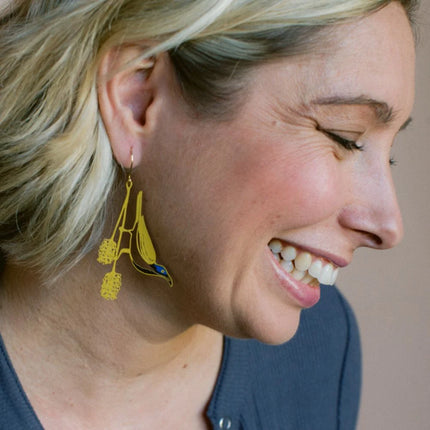 DENZ Blue Faced Honeyeater Earrings Honey/ Blue/ Black