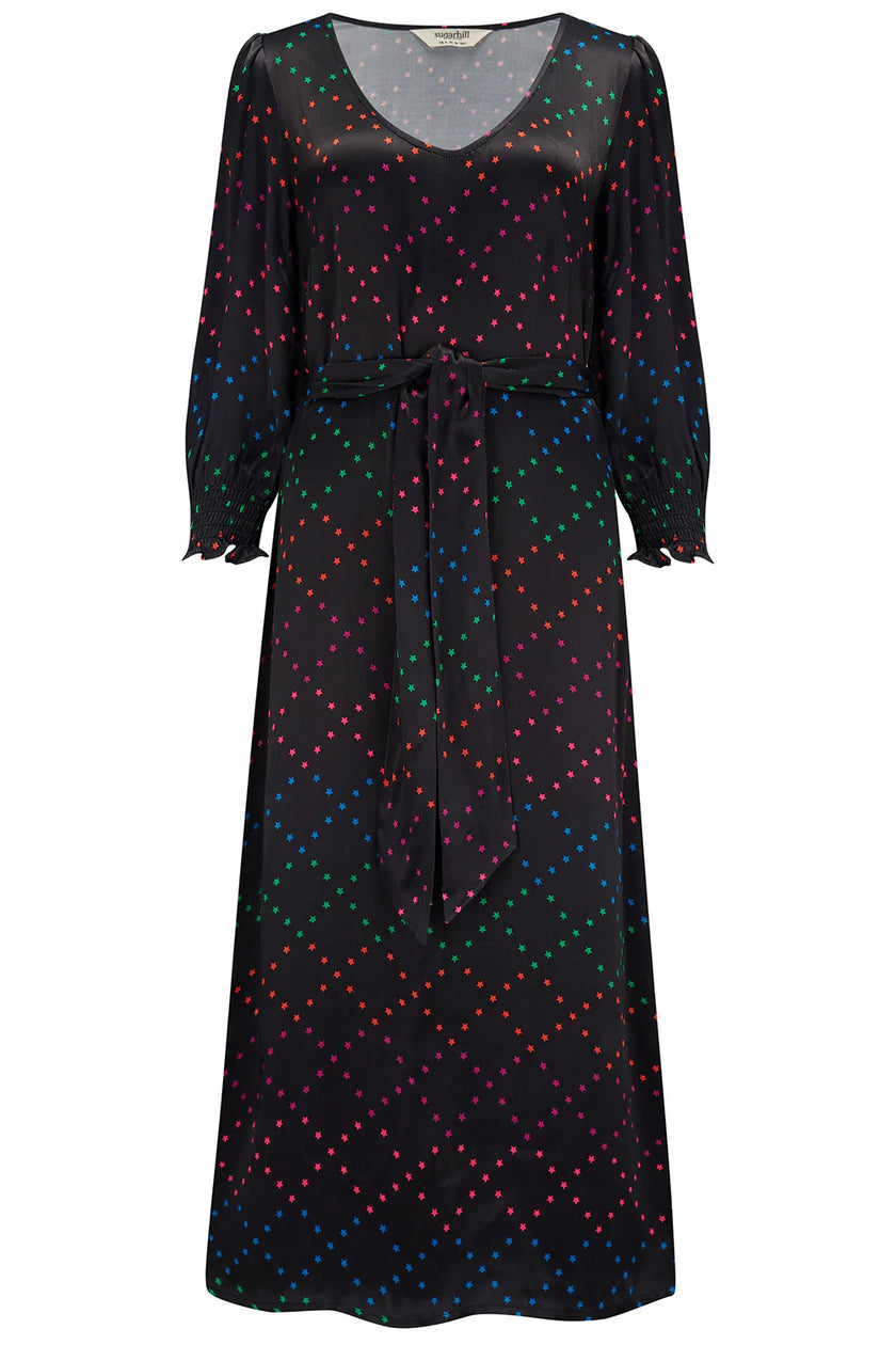 Sugarhill Brighton Linda Midi Dress Black Rainbow Star Lattice
