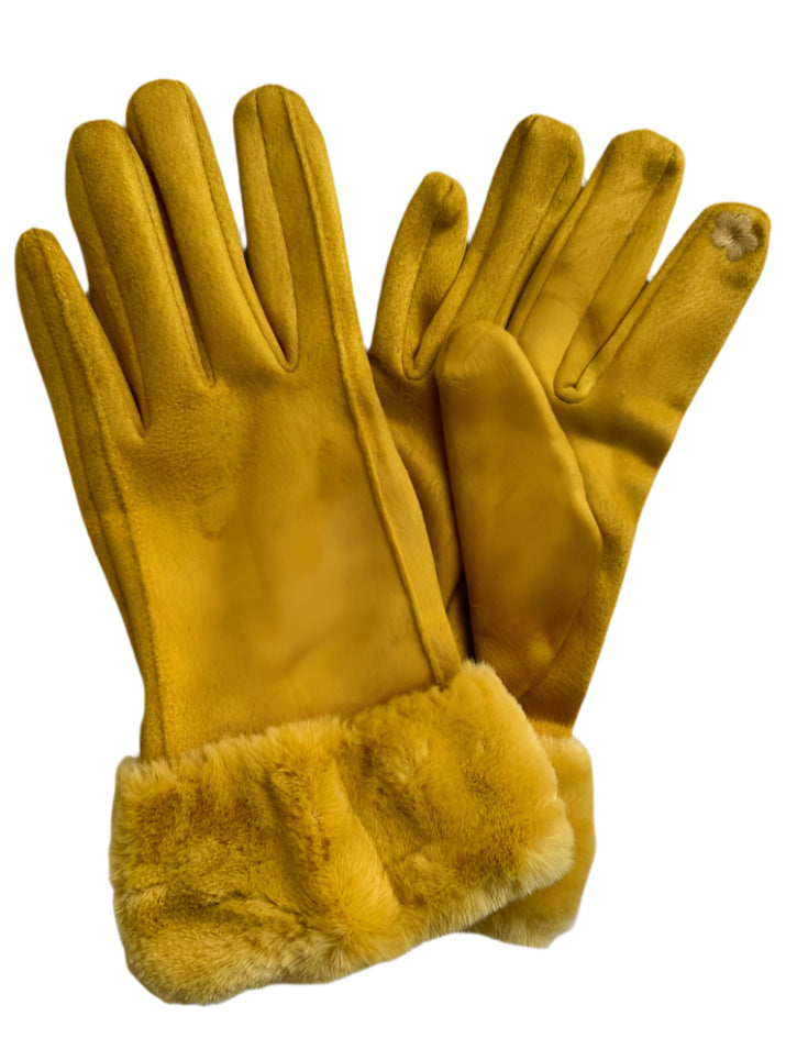Cinnamon Creations Faux Fur Trim Suedette Gloves Mustard