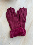 Cinnamon Creations Faux Fur Trim Suedette Gloves Wine