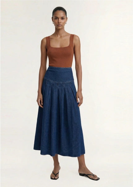 Staple The Label Roma Chambray Midi Skirt Indigo