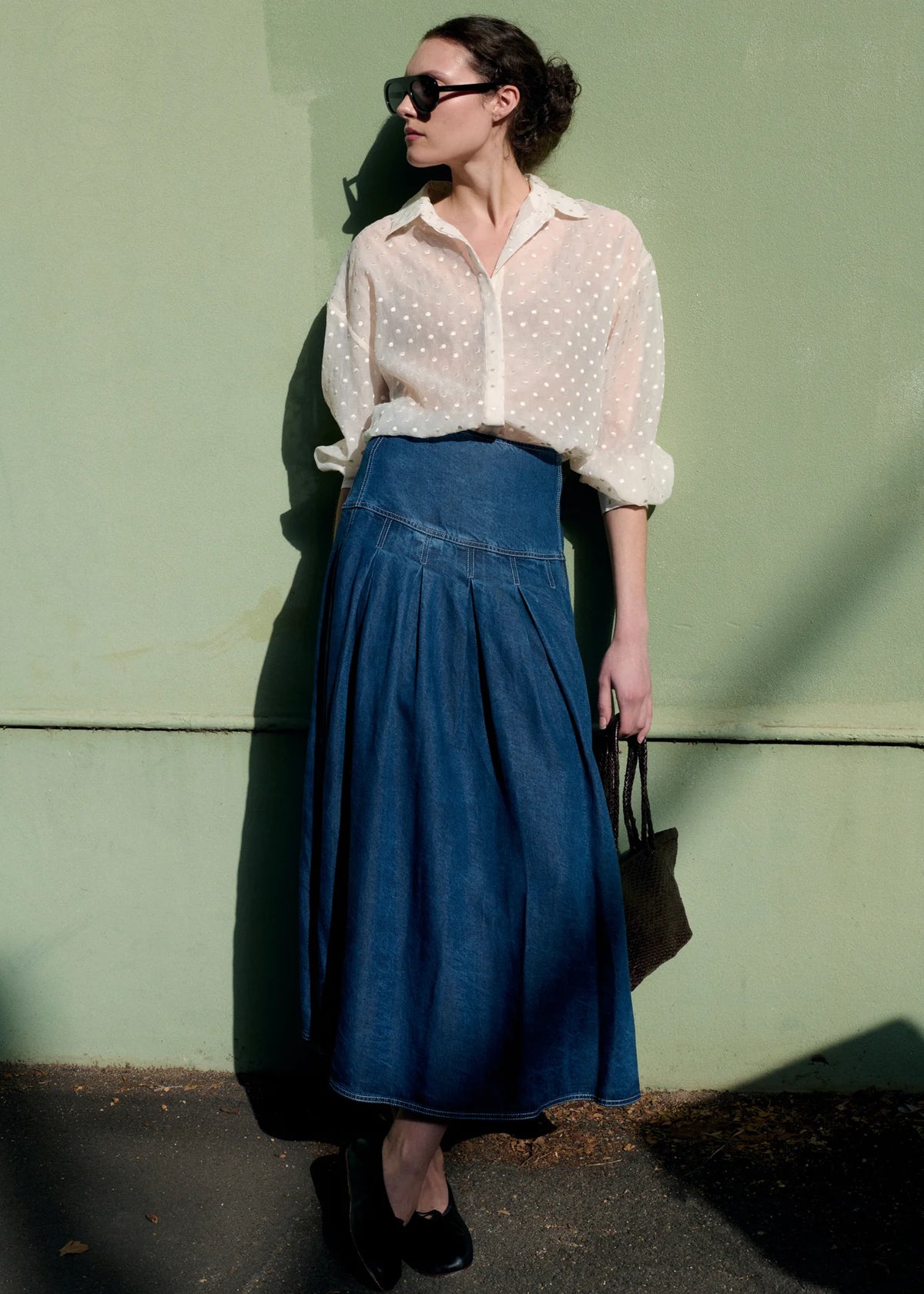 Staple The Label Roma Chambray Midi Skirt Indigo