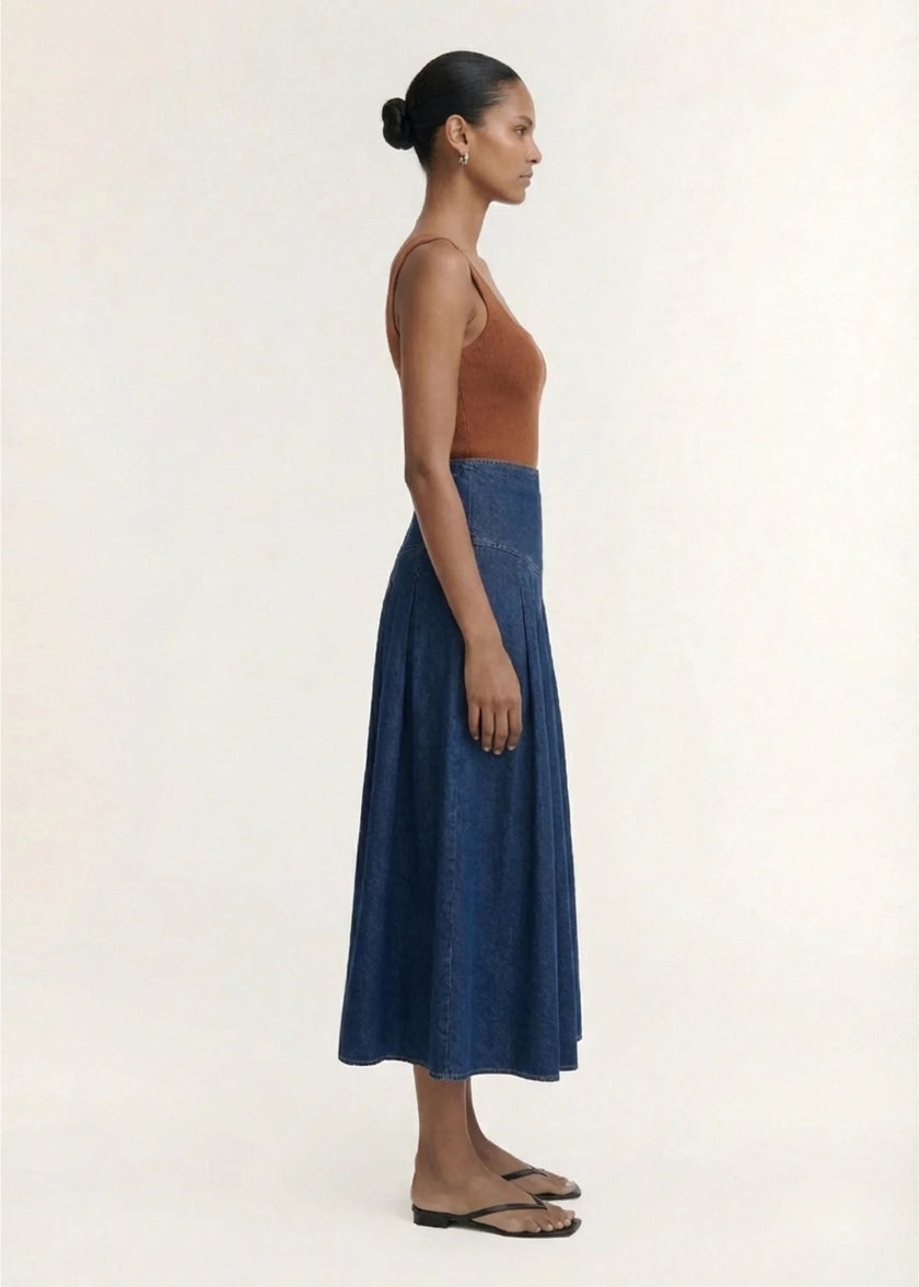 Staple The Label Roma Chambray Midi Skirt Indigo