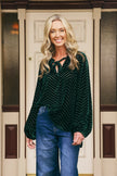 Italian Star Emily Ruffle Collar Flocked Velvet Blouse Bottle Green