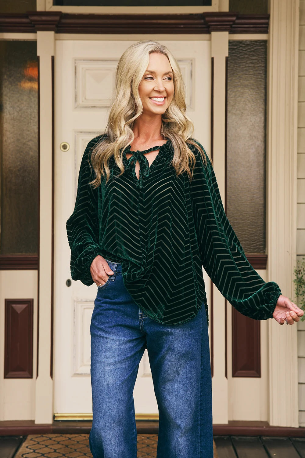 Italian Star Emily Ruffle Collar Flocked Velvet Blouse Bottle Green