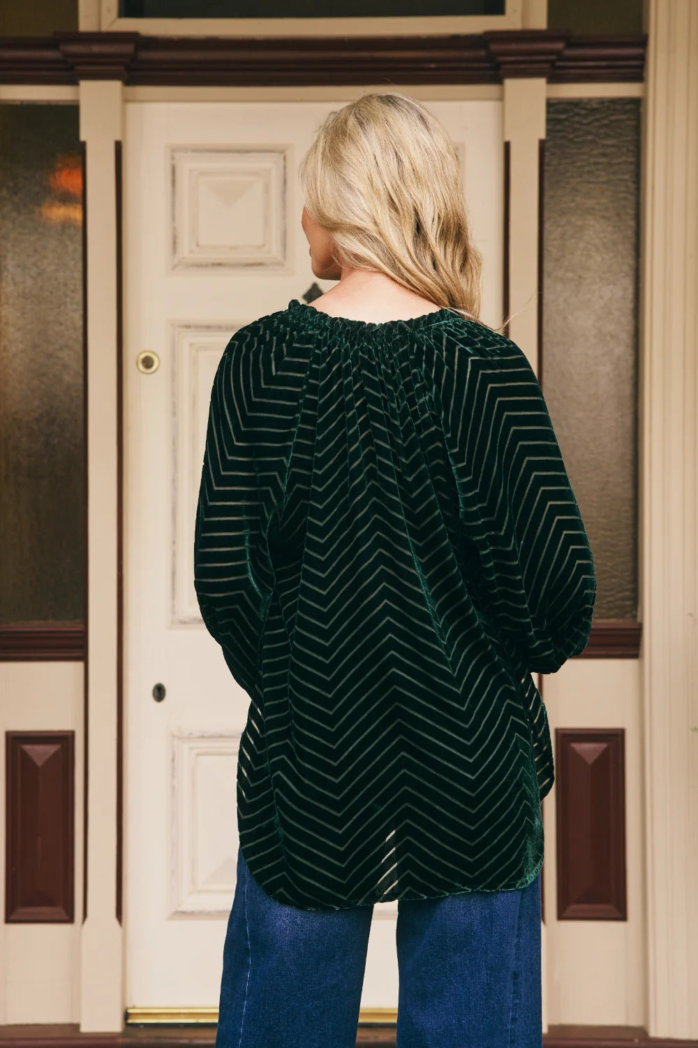 Italian Star Emily Ruffle Collar Flocked Velvet Blouse Bottle Green