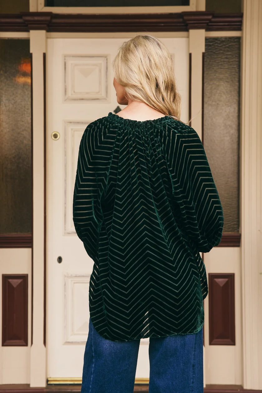 Italian Star Emily Ruffle Collar Flocked Velvet Blouse Bottle Green
