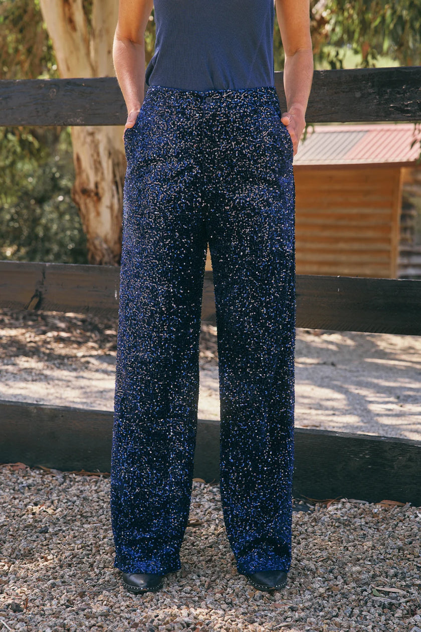 Italian Star Lordes Sequin Velvet Pant Navy