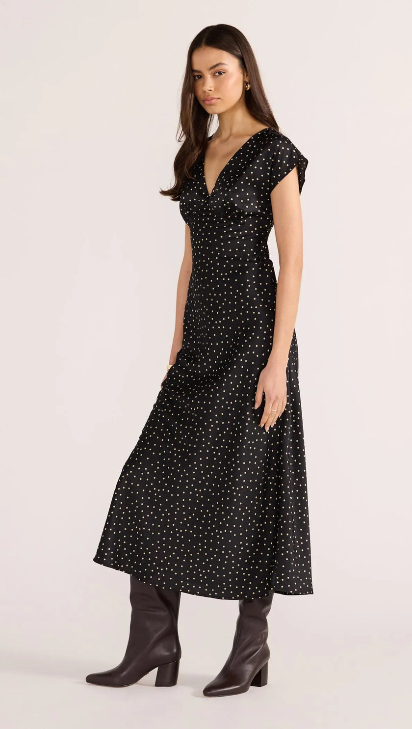 MINKPINK Jemma Polka Bias Cut Midi Dress Black