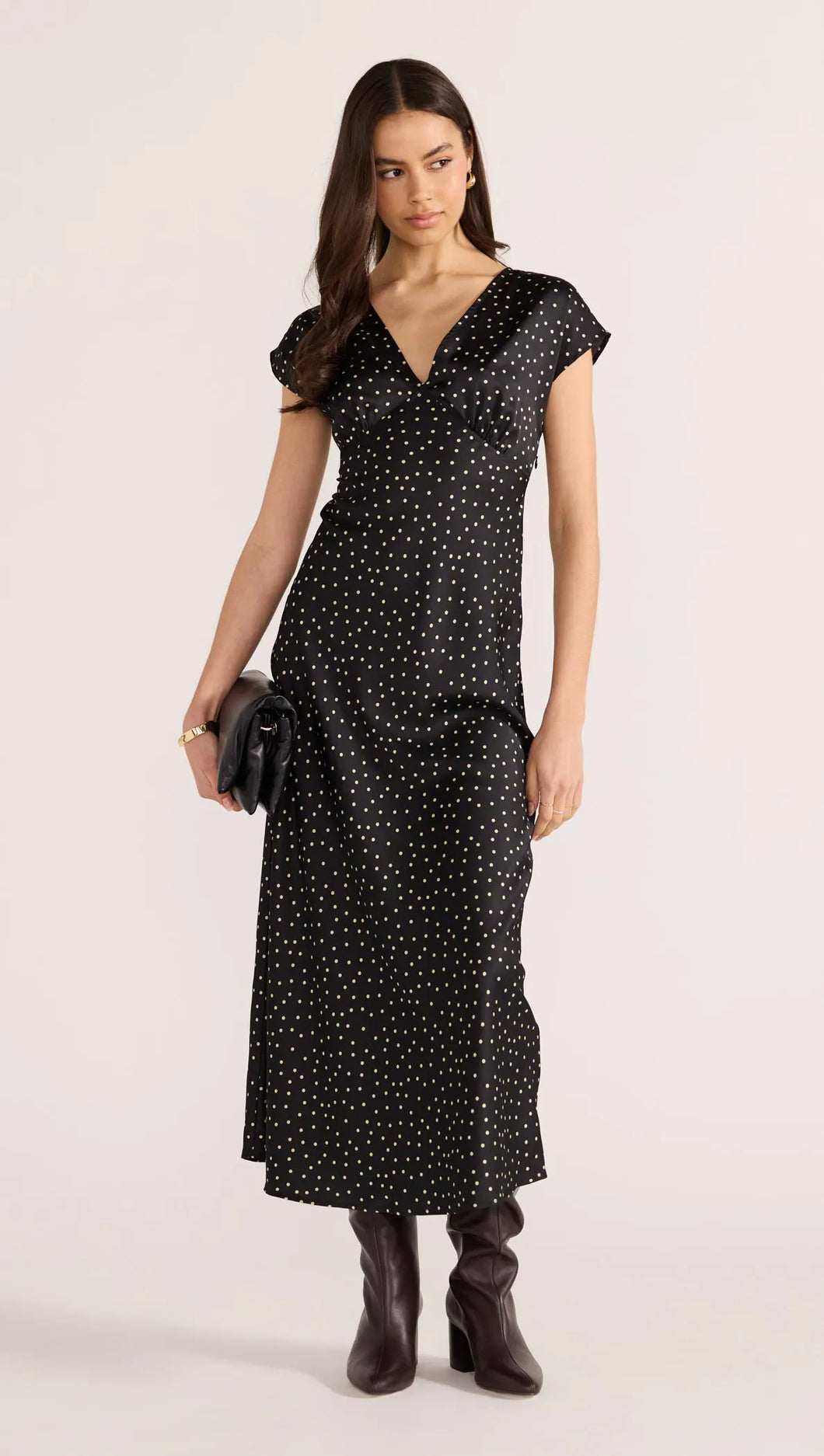 MINKPINK Jemma Polka Bias Cut Midi Dress Black