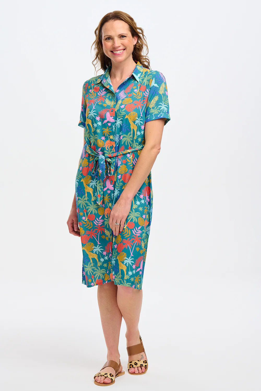 Sugarhill Justine Midi Shirt Dress Teal Rainbow Jungle