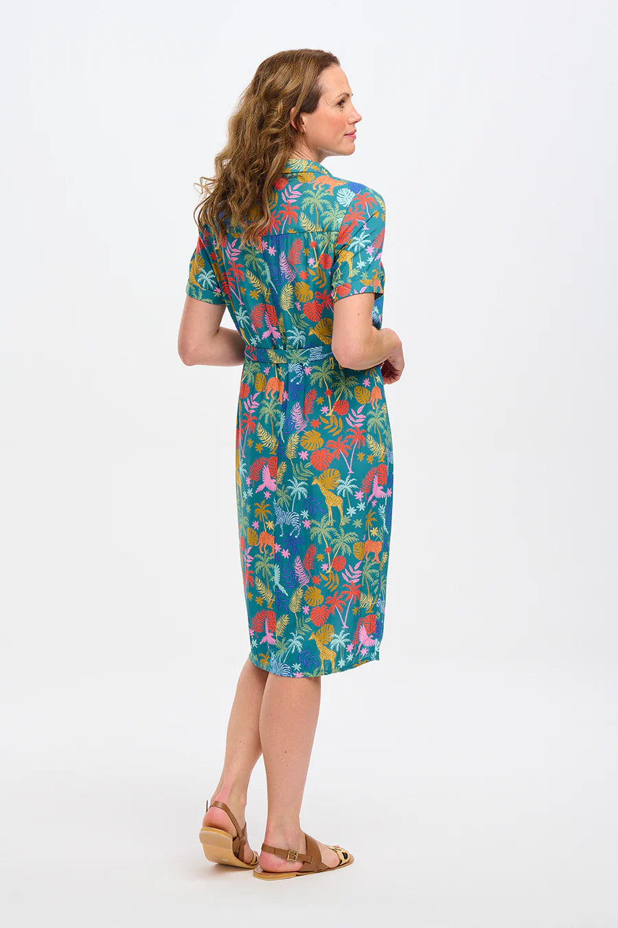 Sugarhill Justine Midi Shirt Dress Teal Rainbow Jungle