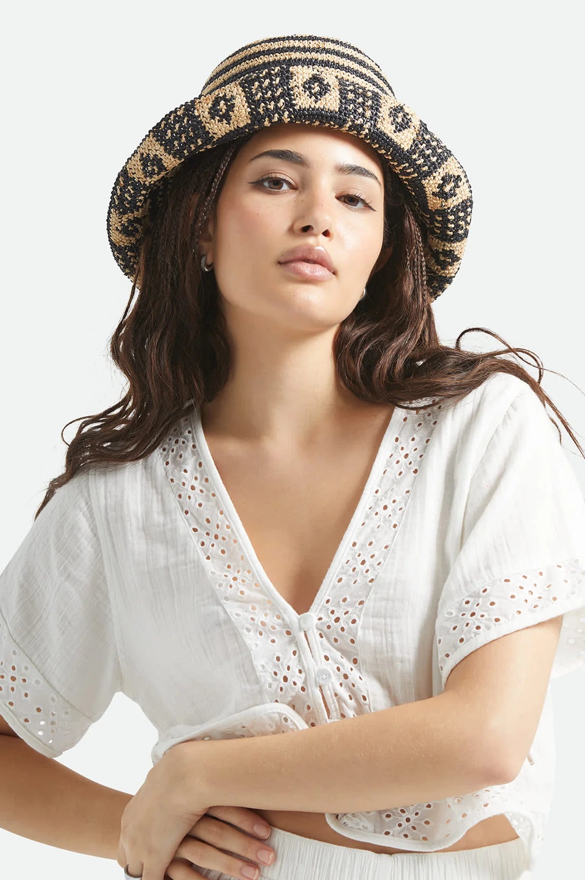 Brixton Redding Packable Straw Bucket Hat Black/Natural