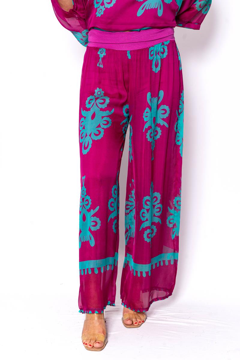 The Italian Closet Muscat Silk Pant Magenta Damask Print