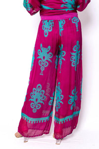 The Italian Closet Muscat Silk Pant Magenta Damask Print