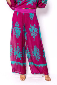 The Italian Closet Muscat Silk Pant Magenta Damask Print