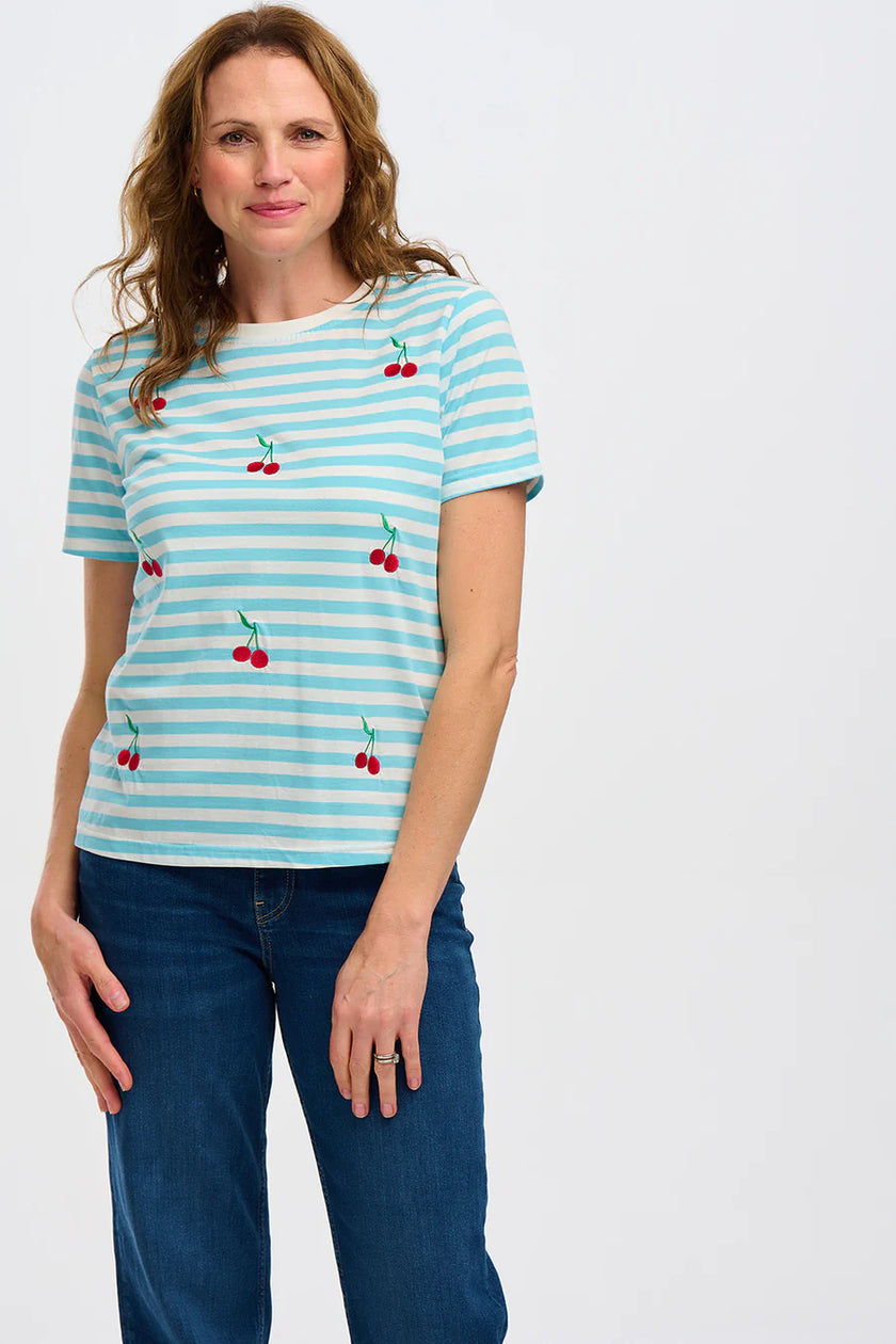 Sugarhill Maggie T-Shirt Blue/White Cherry Embroidery
