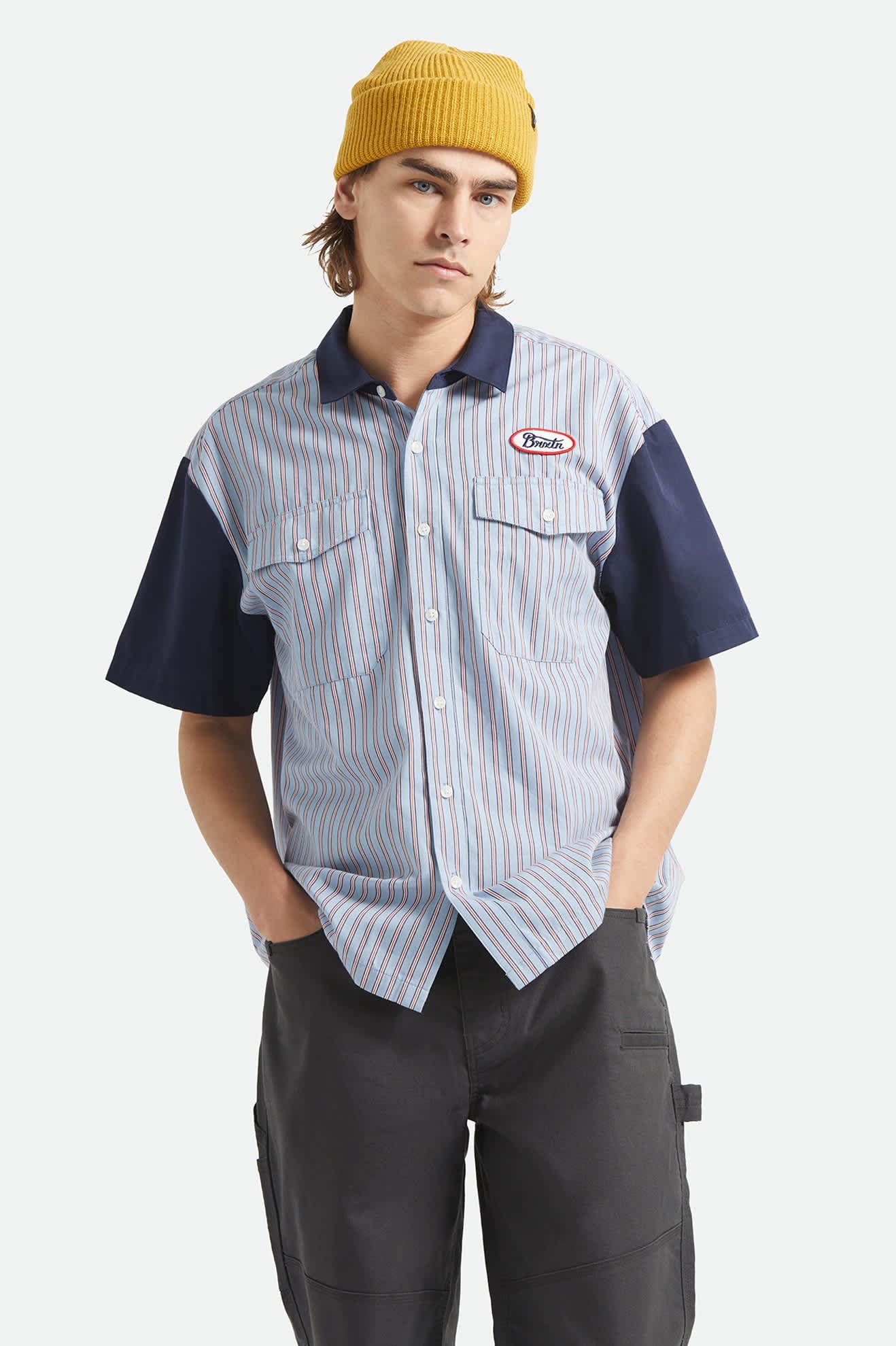 Brixton Builders Olson S/S Woven Shirt Blue Aura Stripe