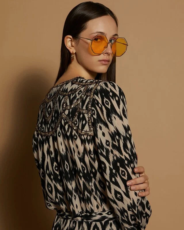 MEISÏE Embroidered Ikat Print Dress Black