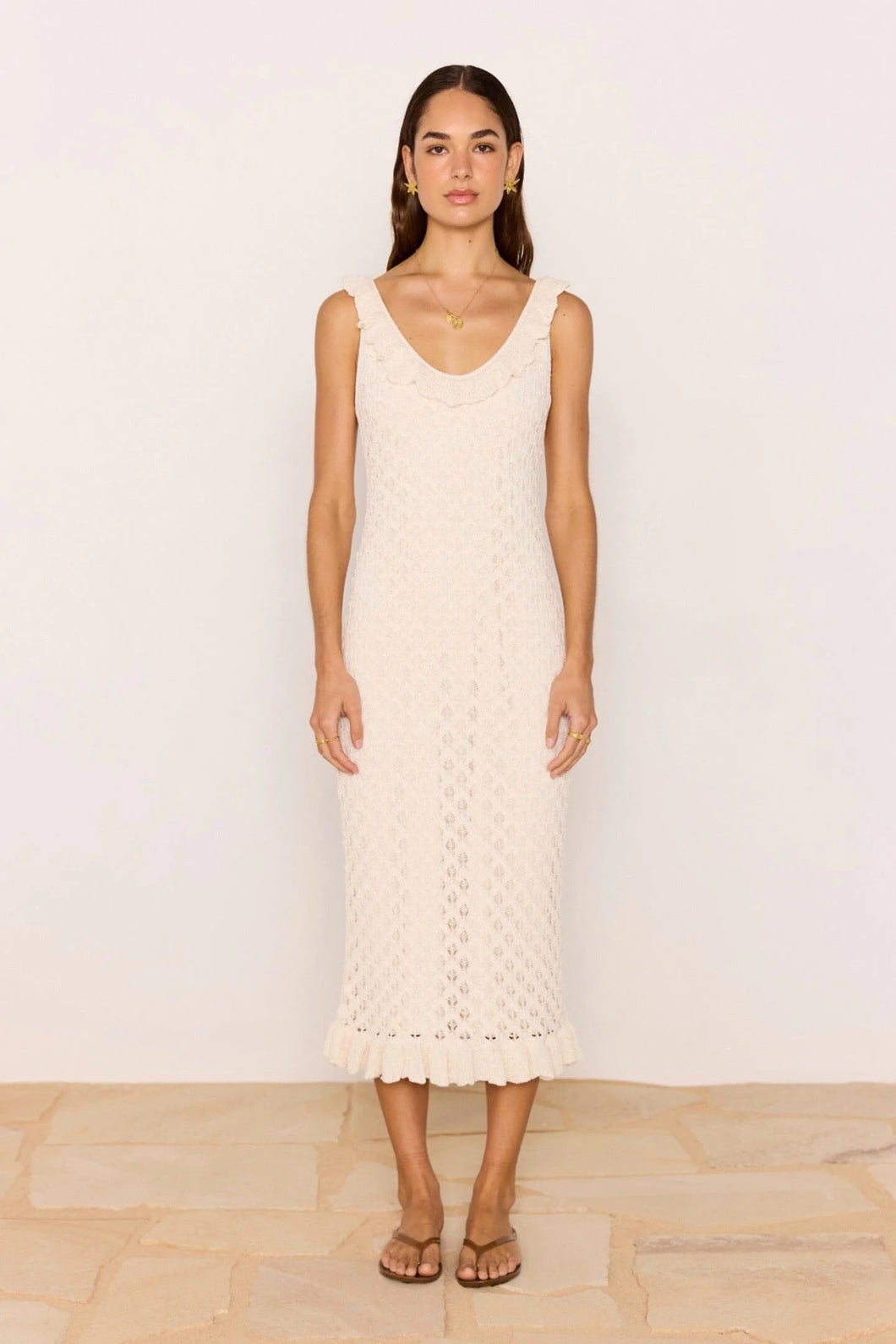 MINKPINK Sabine Pointelle Midi Dress Ivory