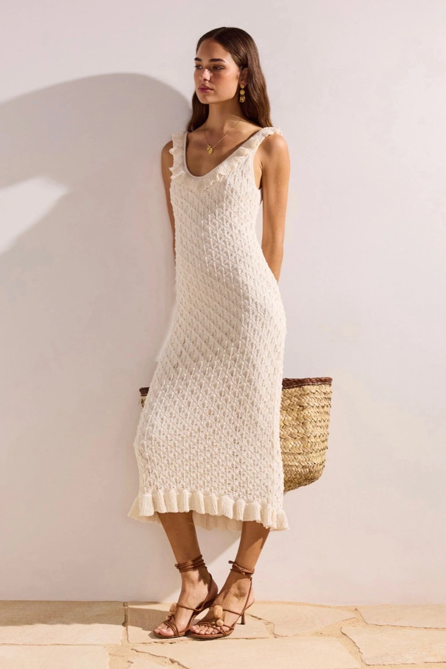 MINKPINK Sabine Pointelle Midi Dress Ivory