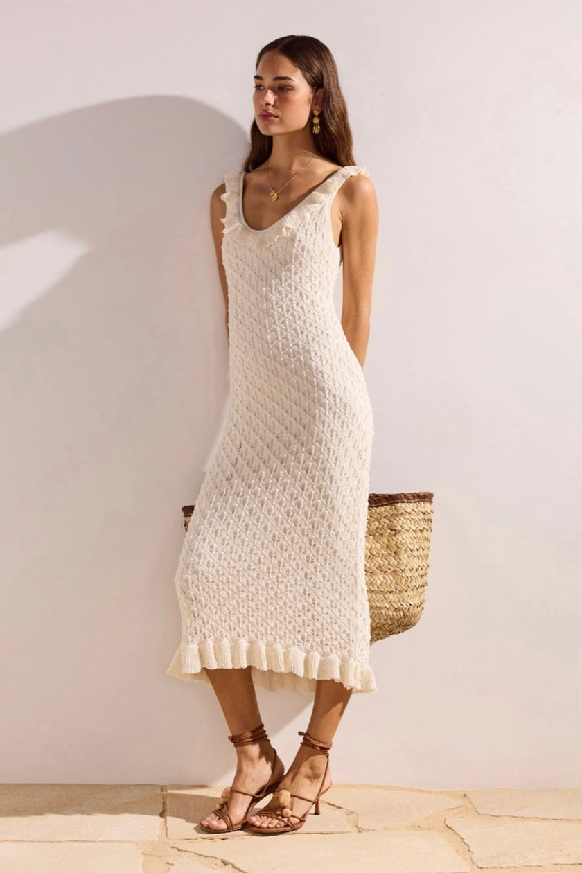 MINKPINK Sabine Pointelle Midi Dress Ivory