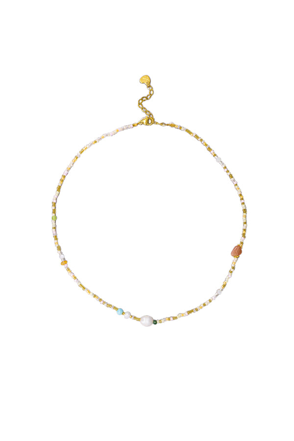 Tiger Tree Amber Cut Stone & Freshwater Pearl Necklace
