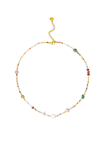 Tiger Tree Pebble Cut Stone & Freshwater Pearl Necklace