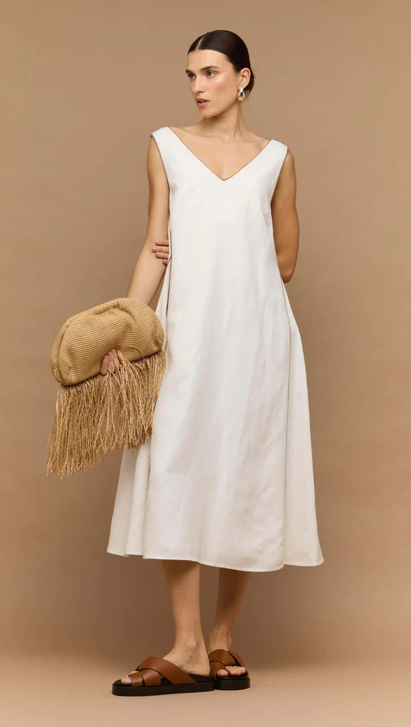 Staple The Label Nyla Godet Midi Dress White/ Latte