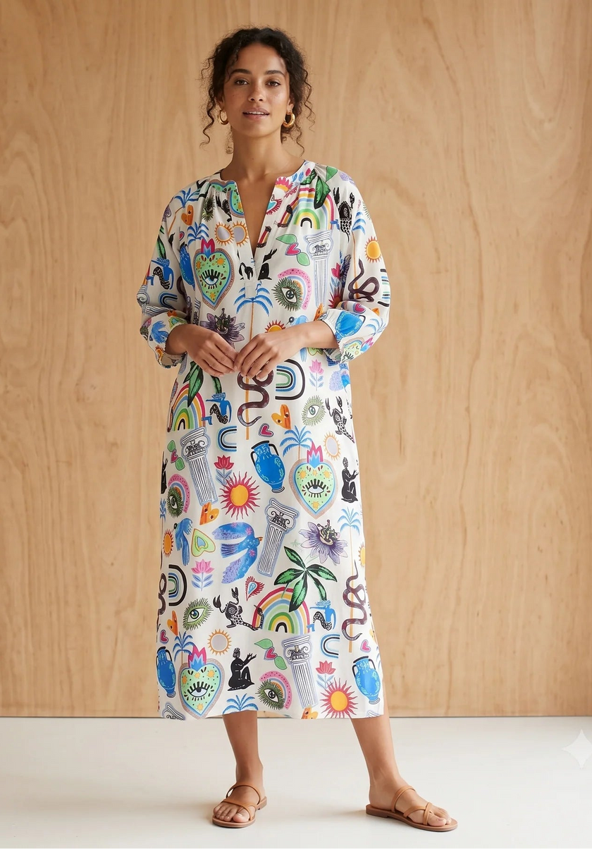 Palme 66954 Cotton Multiprint Maxi Dress White