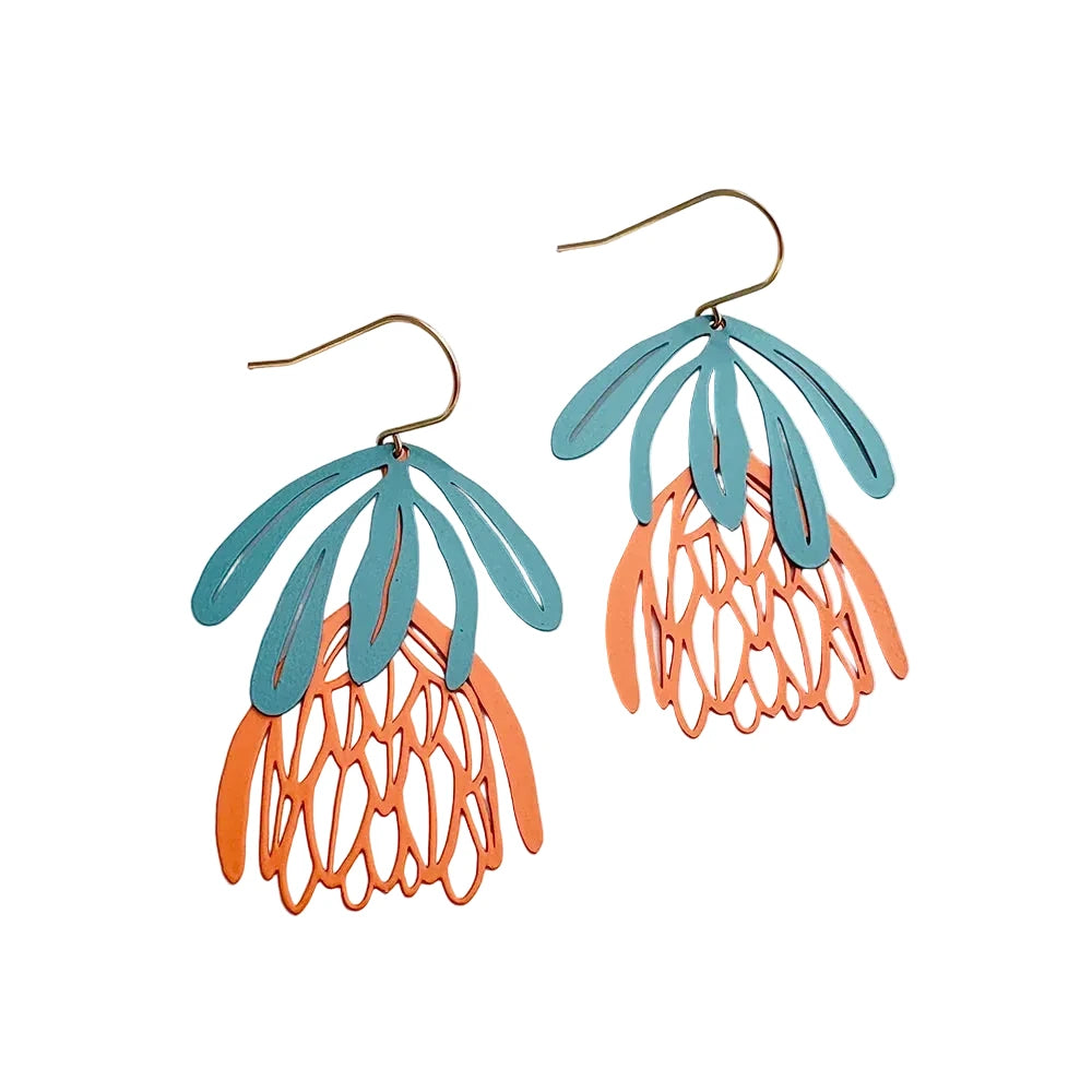 DENZ Protea Flower Earrings Teal/ Orange