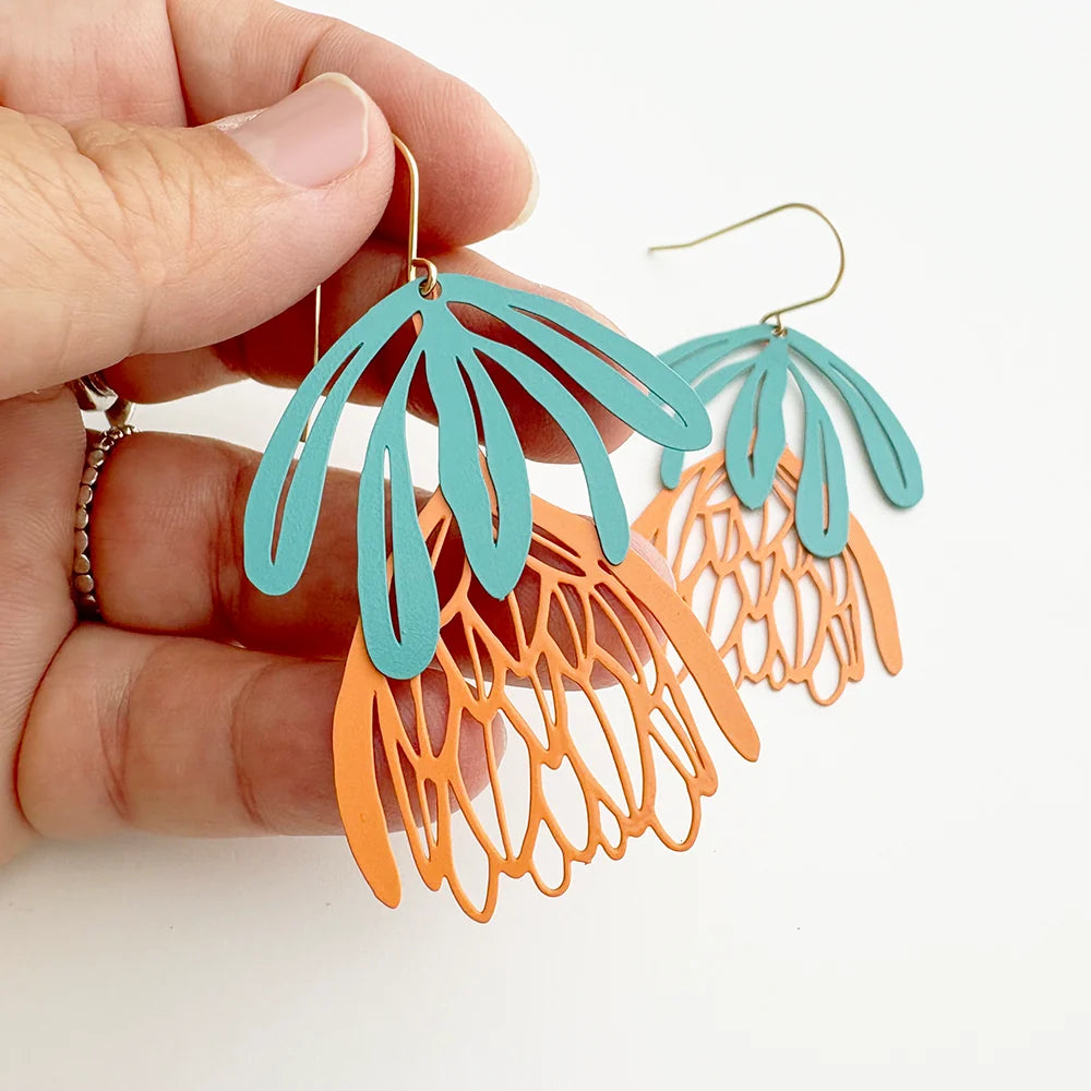 DENZ Protea Flower Earrings Teal/ Orange