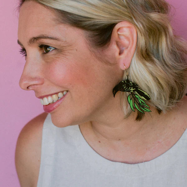 DENZ Regent Honeyeater Earrings Black/Yellow/Green