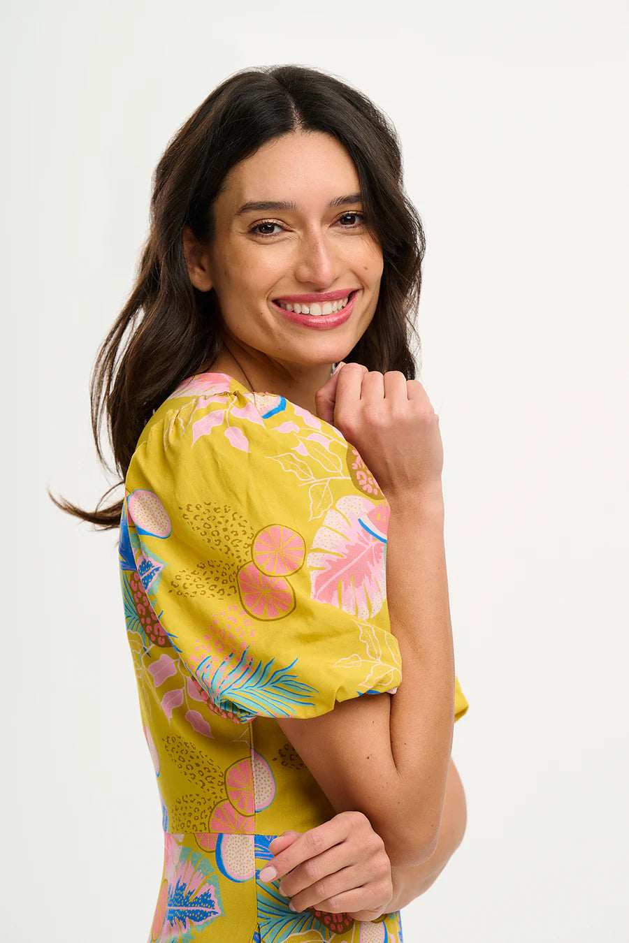 Sugarhill Sorcha Midi Dress Yellow Tropical Fruits