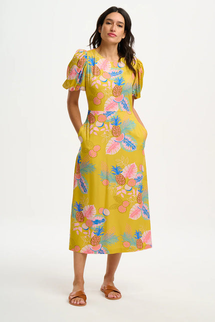 Sugarhill Sorcha Midi Dress Yellow Tropical Fruits
