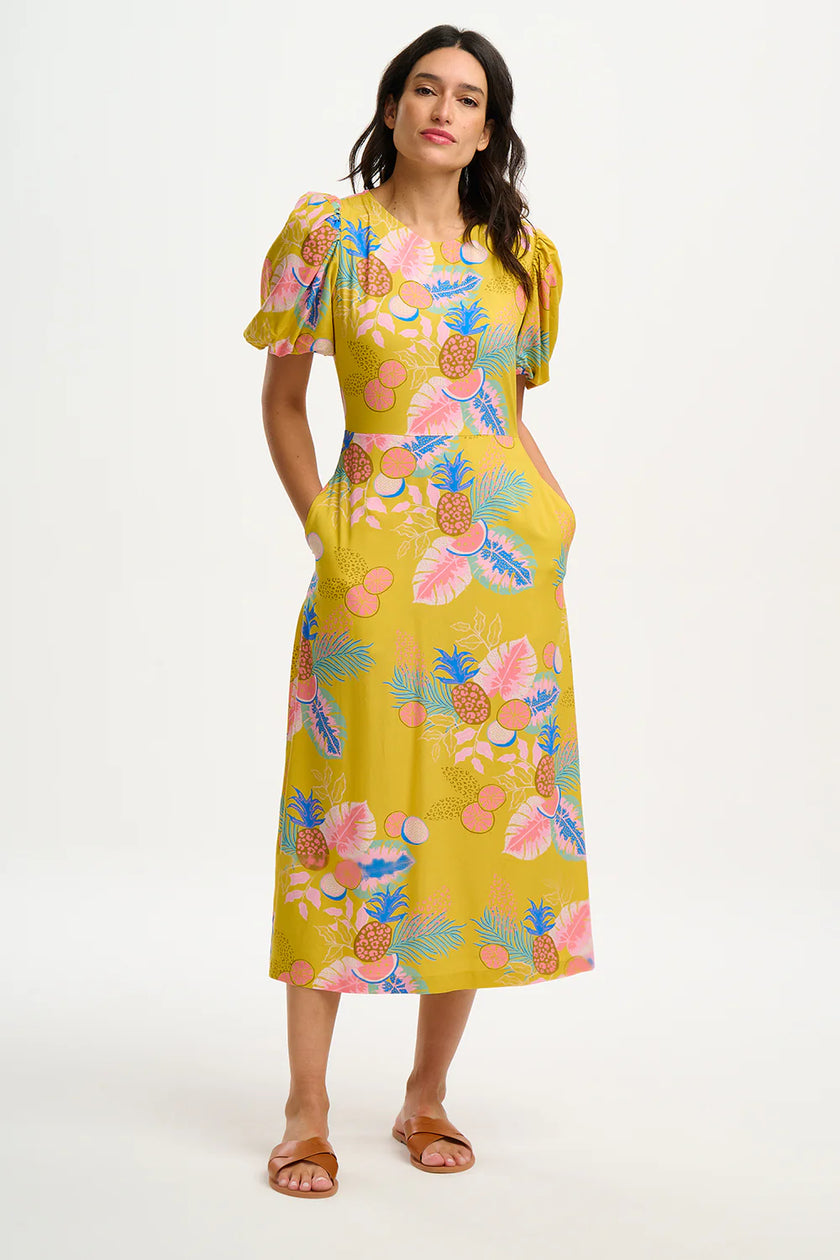 Sugarhill Sorcha Midi Dress Yellow Tropical Fruits