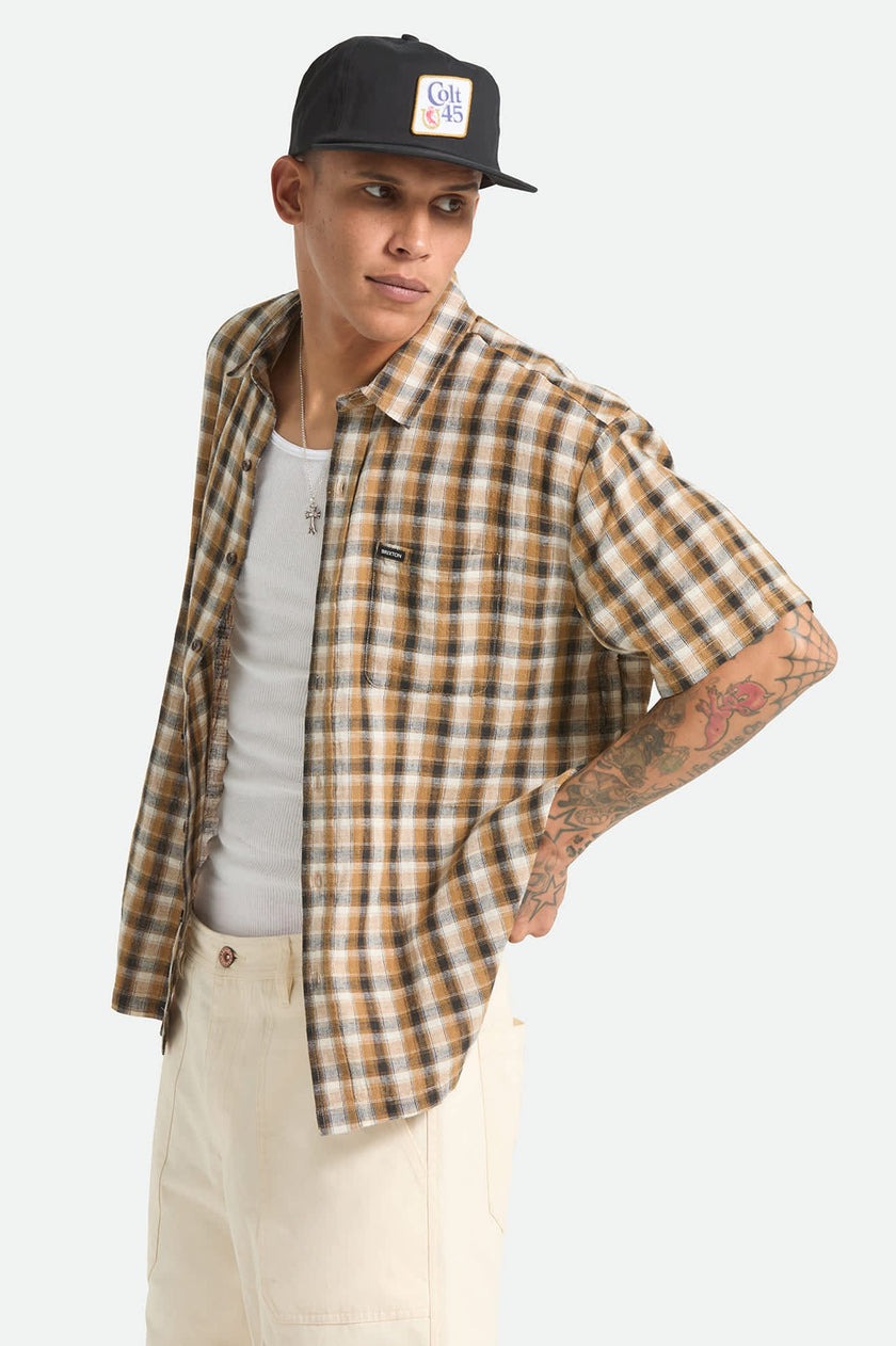 Brixton Cru Linen Blend Plaid SS Shirt Black/Tobacco Plaid