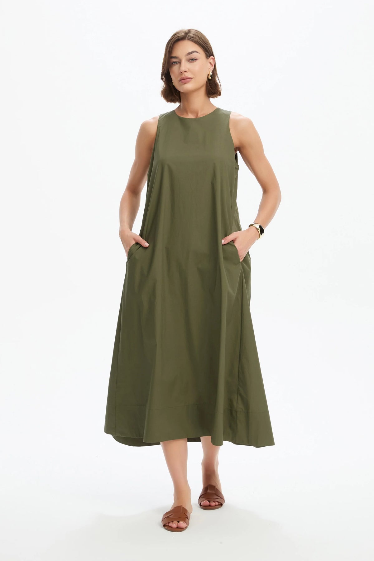 Tirelli Elastic Detail A-Line Dress Khaki