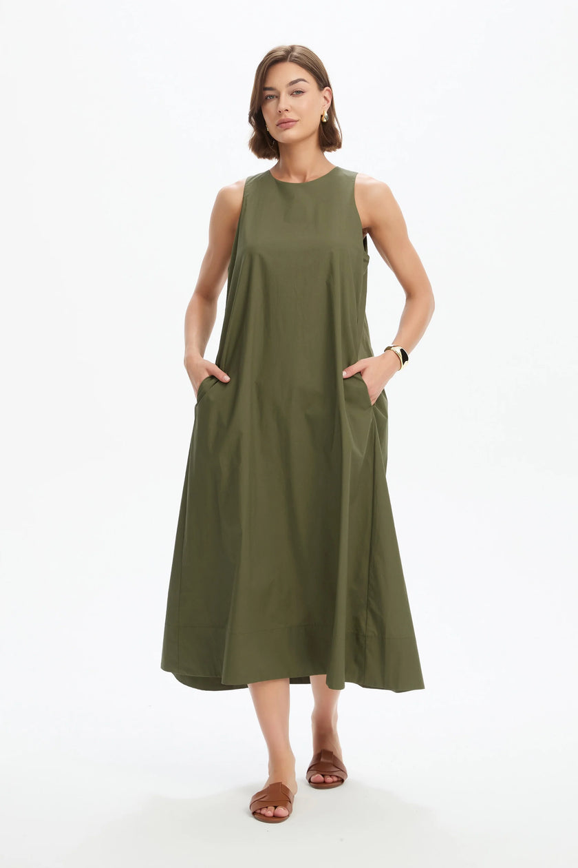 Tirelli Elastic Detail A-Line Dress Khaki