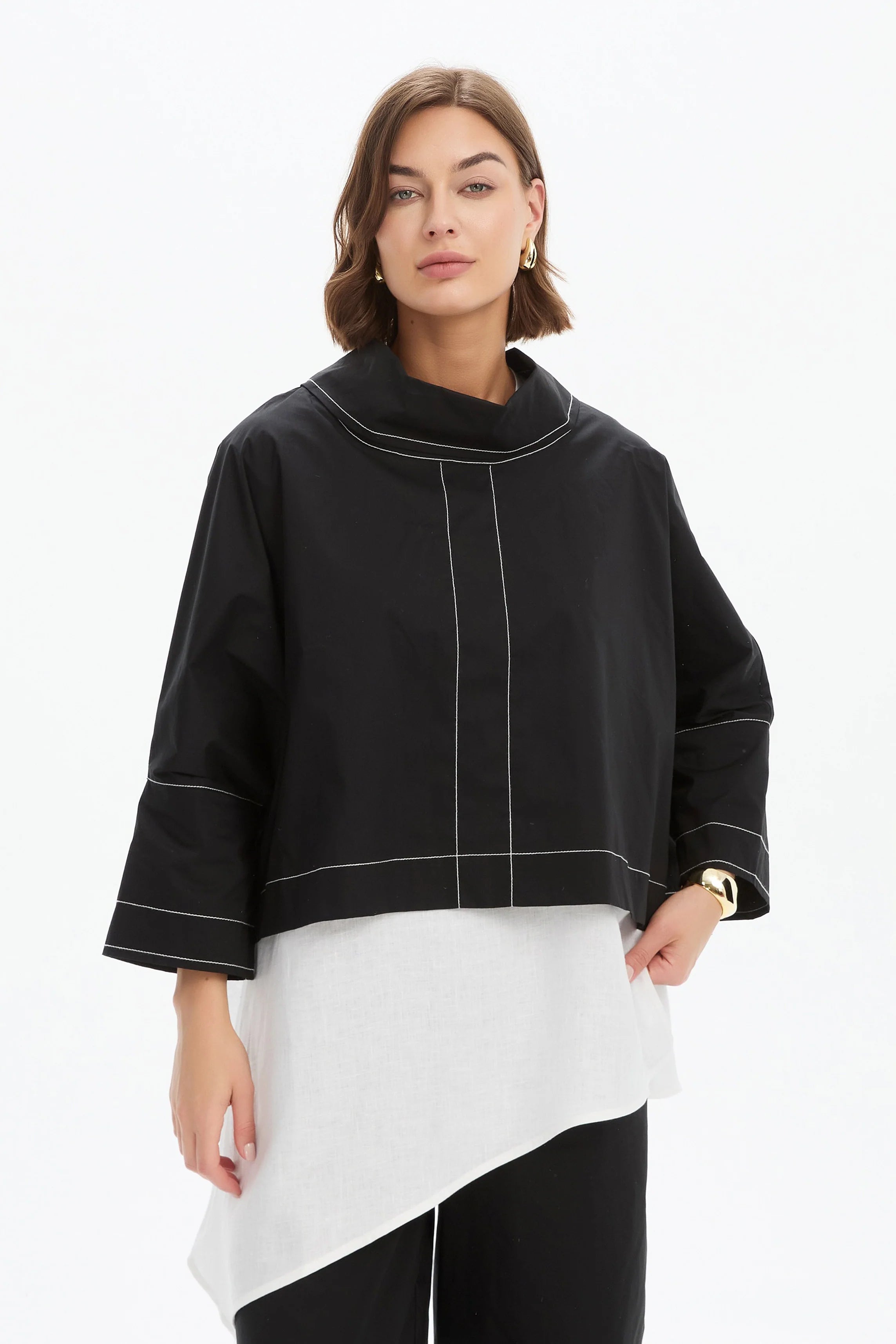 Tirelli Funnel Neck Contrast Top Black