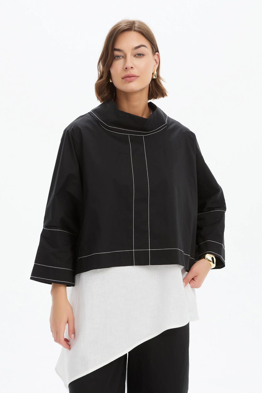 Tirelli Funnel Neck Contrast Top Black