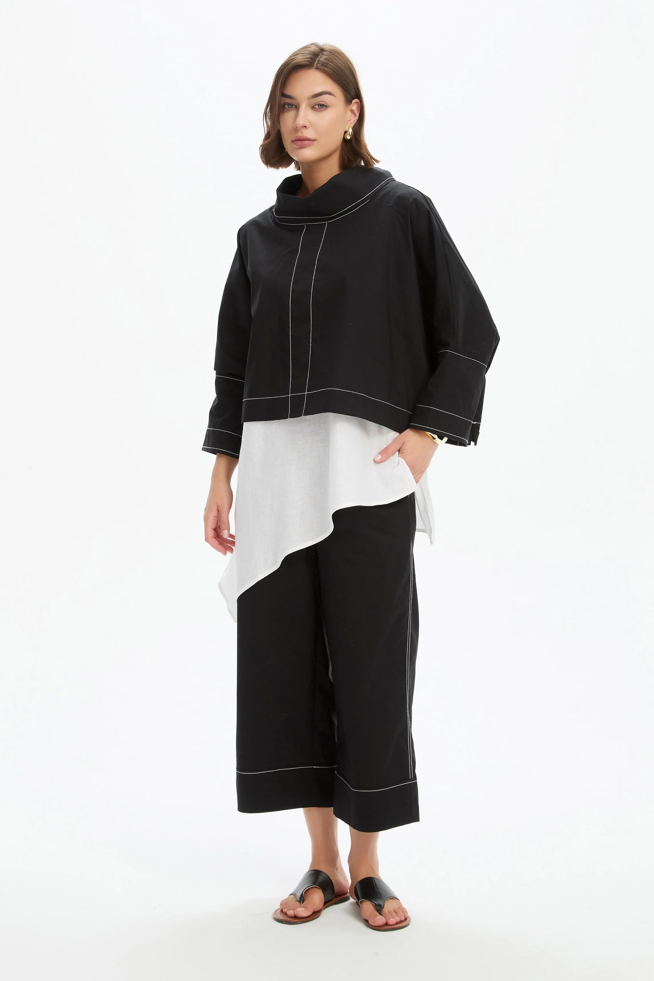 Tirelli Funnel Neck Contrast Top Black