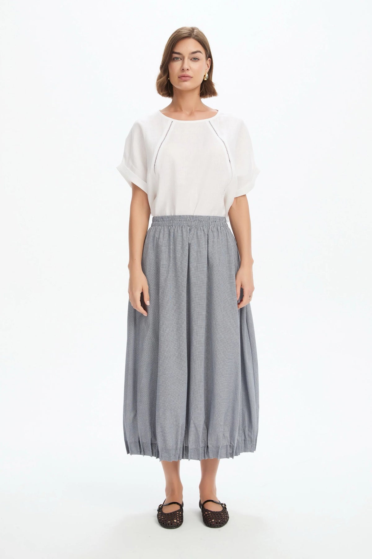 Tirelli Pin Tuck Hem Gingham Skirt Black/ White