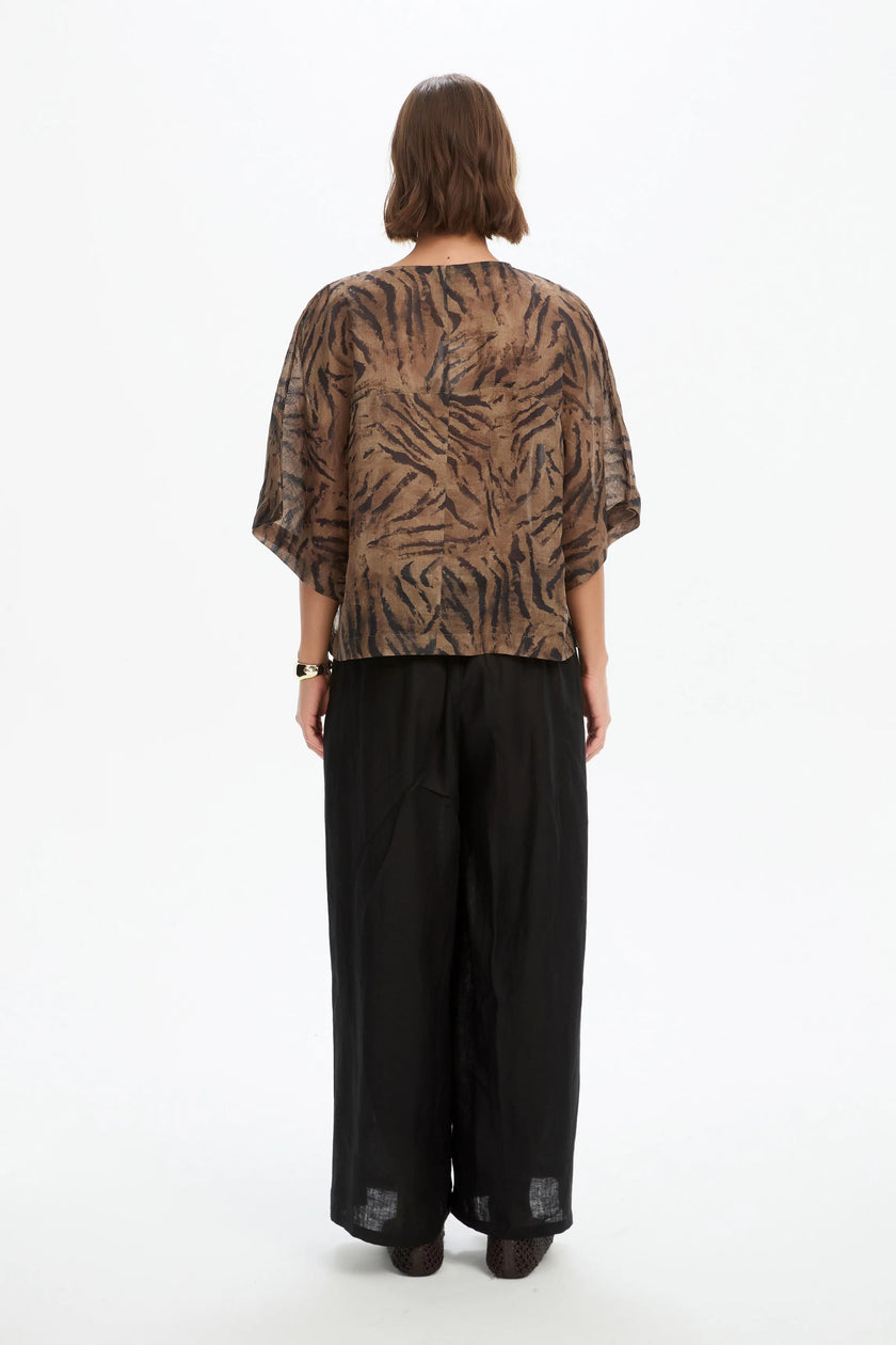 Tirelli Wide Sleeve Sheer Print Top Choc Tiger